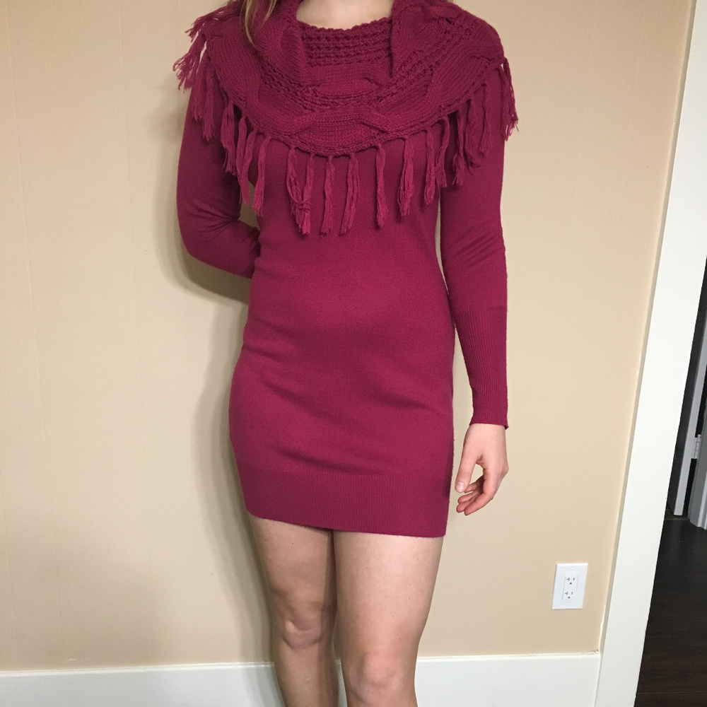 Wine Colored Sweater Dress with Thick Neckline
